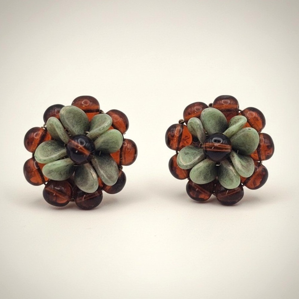 Vtg W. Germany Glass Clip On Earrings Brown Green Floral Beaded Clusters Boho 1"